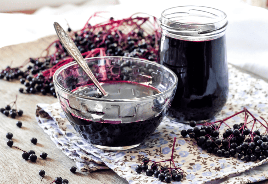 homemade elderberry syrup in a jar