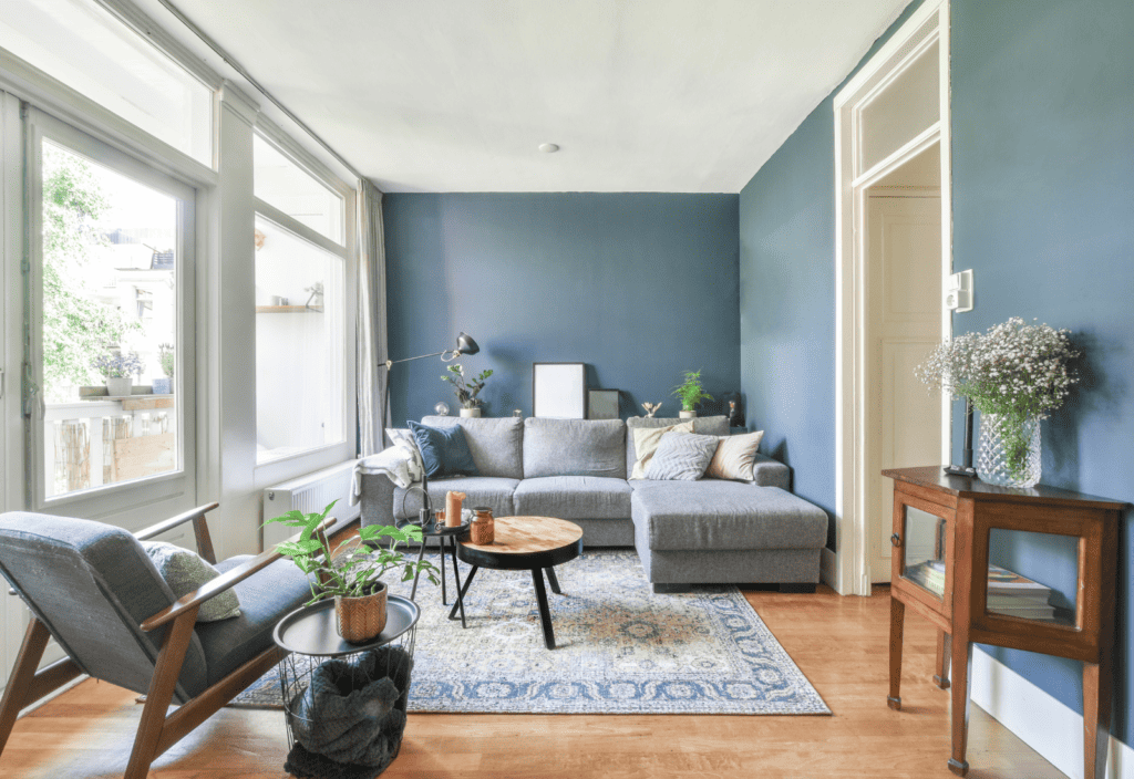 living room with organic wool rug