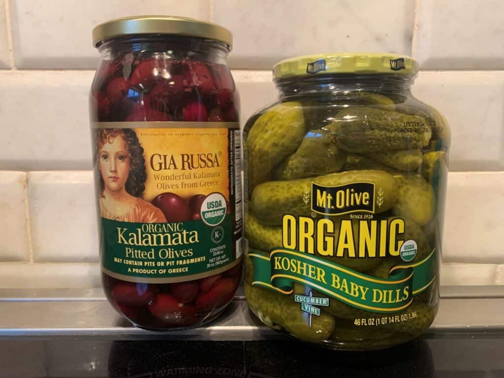 olives and pickles, clean eating snack to buy at Costco